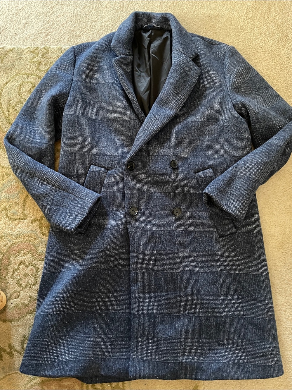 Zara Men's Double-Breasted Plaid textured coat- Blue-